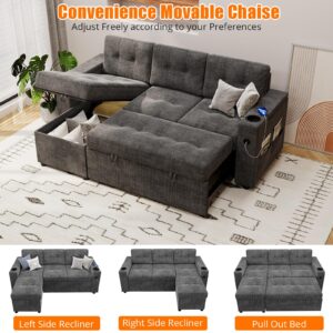 Sofa Bed- 2 in 1 Pull Out Couch Bed with Storage Space and Arms,Sleeper Sofa with Pull Out Bed,L-Shaped Sofa Couch Bed,1 USB-A, 1 Type-C,Pull Out Couch for Living Room Black,Linen Sectional Sofa,Grey