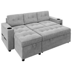 sofa bed- 2 in 1 pull out couch bed with storage space and arms,sleeper sofa with pull out bed,l-shaped sofa couch bed,1 usb-a, 1 type-c,pull out couch for living room ,linen sectional sofa,grey