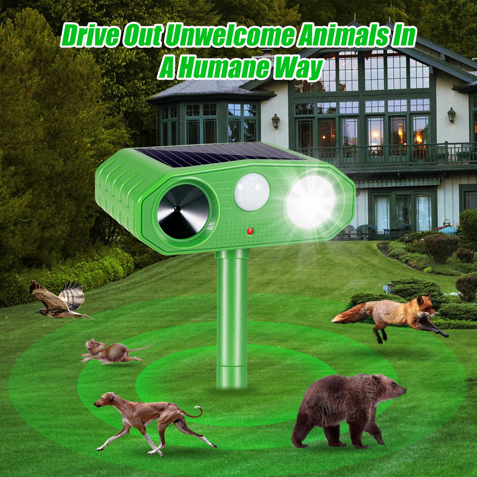 2 PCS Ultrasonic Animal Repellent Outdoor Solar Animal Repeller Waterproof with Motion Sensor & Strobe Light Alarm Sound Animal Deterrent for Cat Squirrel Raccoon Deer Fox Coyote Skunk Bird Repellent