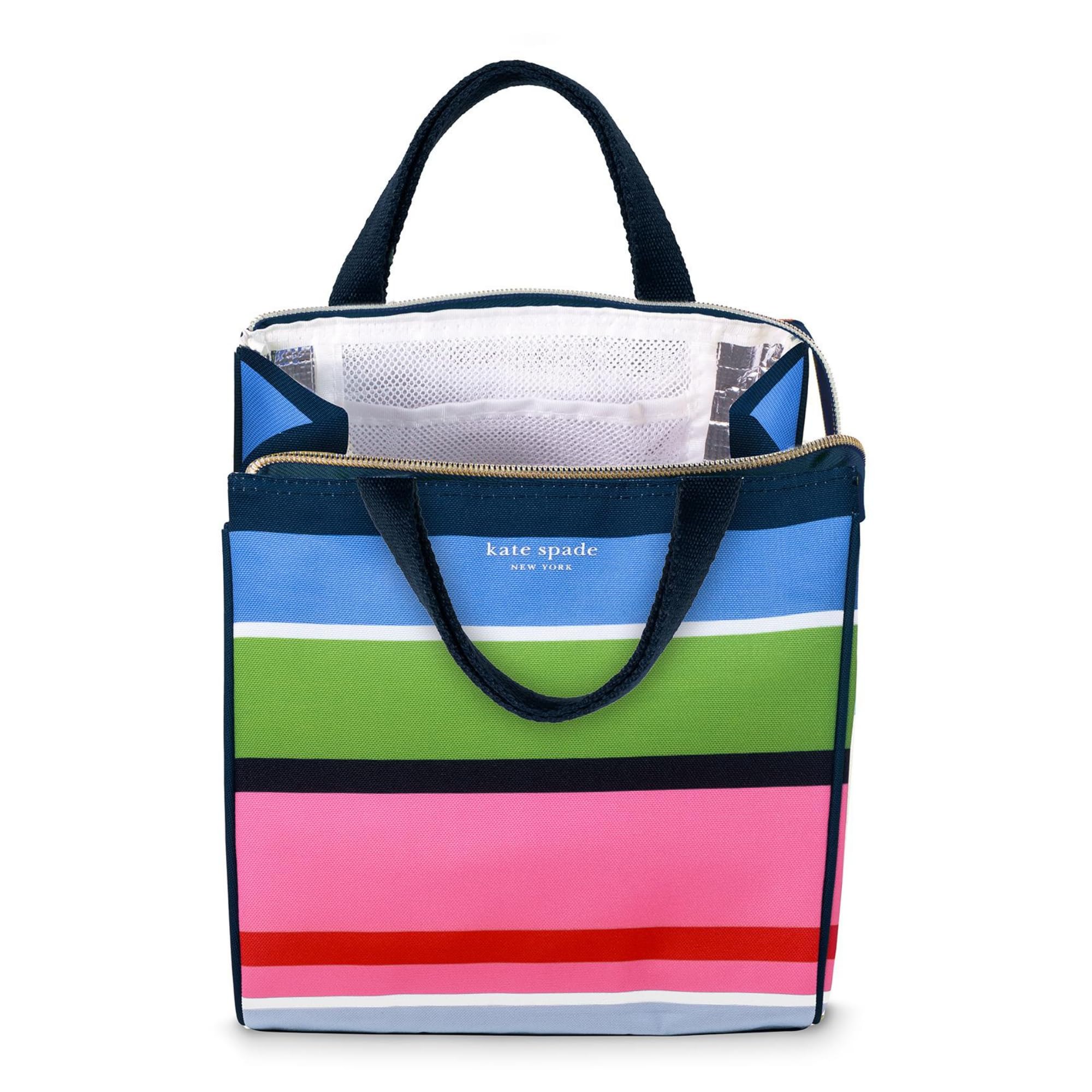 kate spade new york Cute Lunch Bag for Women, Large Capacity Lunch Tote, Adult Lunch Box with Silver Thermal Insulated Interior Lining and Storage Pocket, Sunny Day Stripe