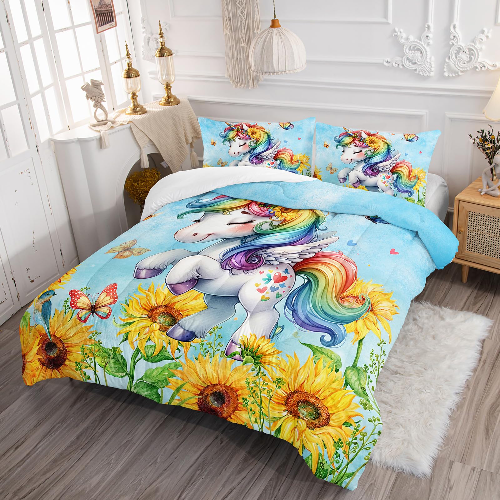 Ntlfup Cute Unicorn Comforter Set Full Size, Yellow Sunflower Unicorn Bedding Set 3pcs for Kids Girls, Soft Polyester Bedding