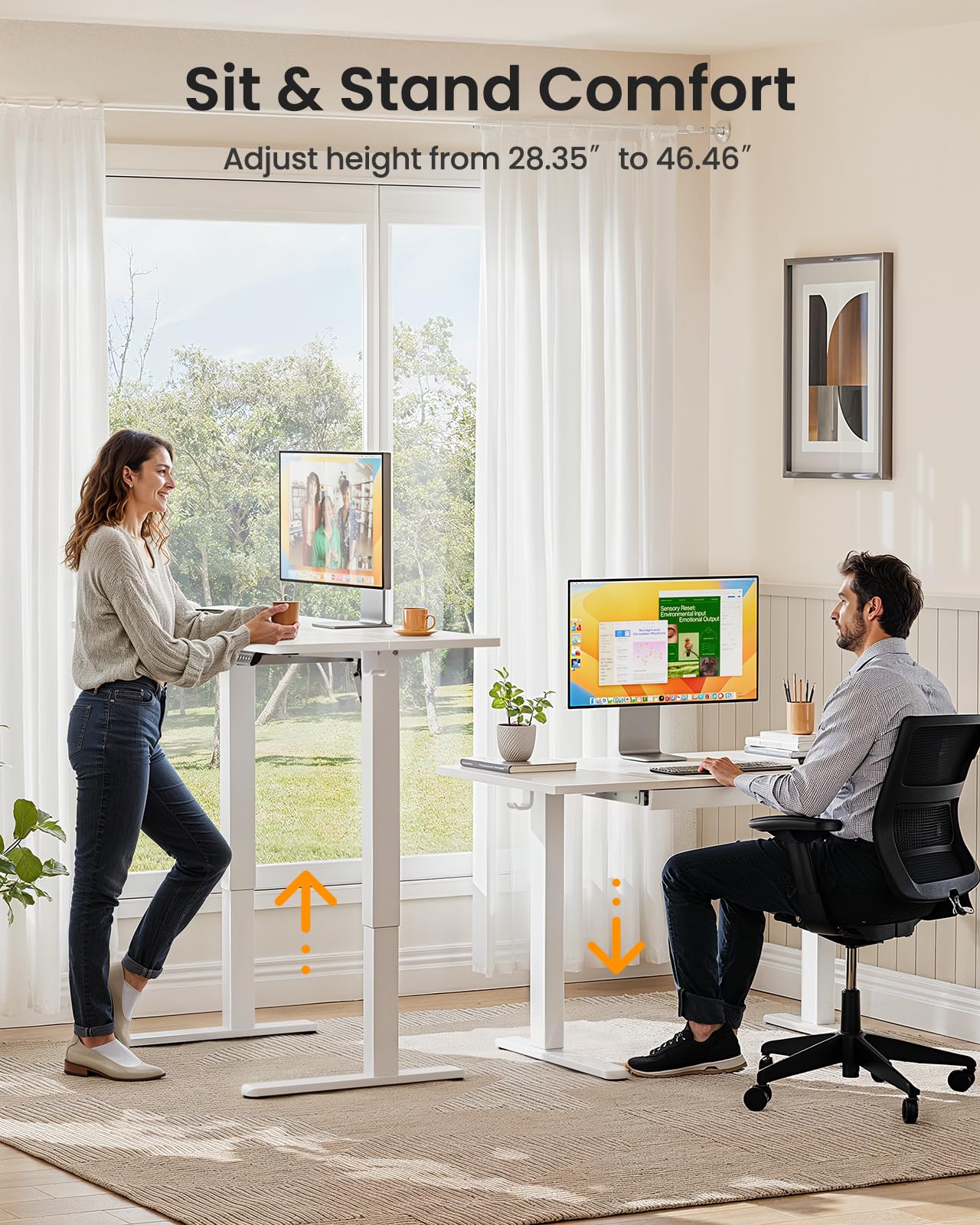 ErGear Standing Desk with Drawer, 44 x 24 inch Electric Height Adjustable Desk with 4 Preset Heights & 2 Storage Hooks, Sit Stand Desk with Drawer, Computer Home Office Desk with Splice Board, White