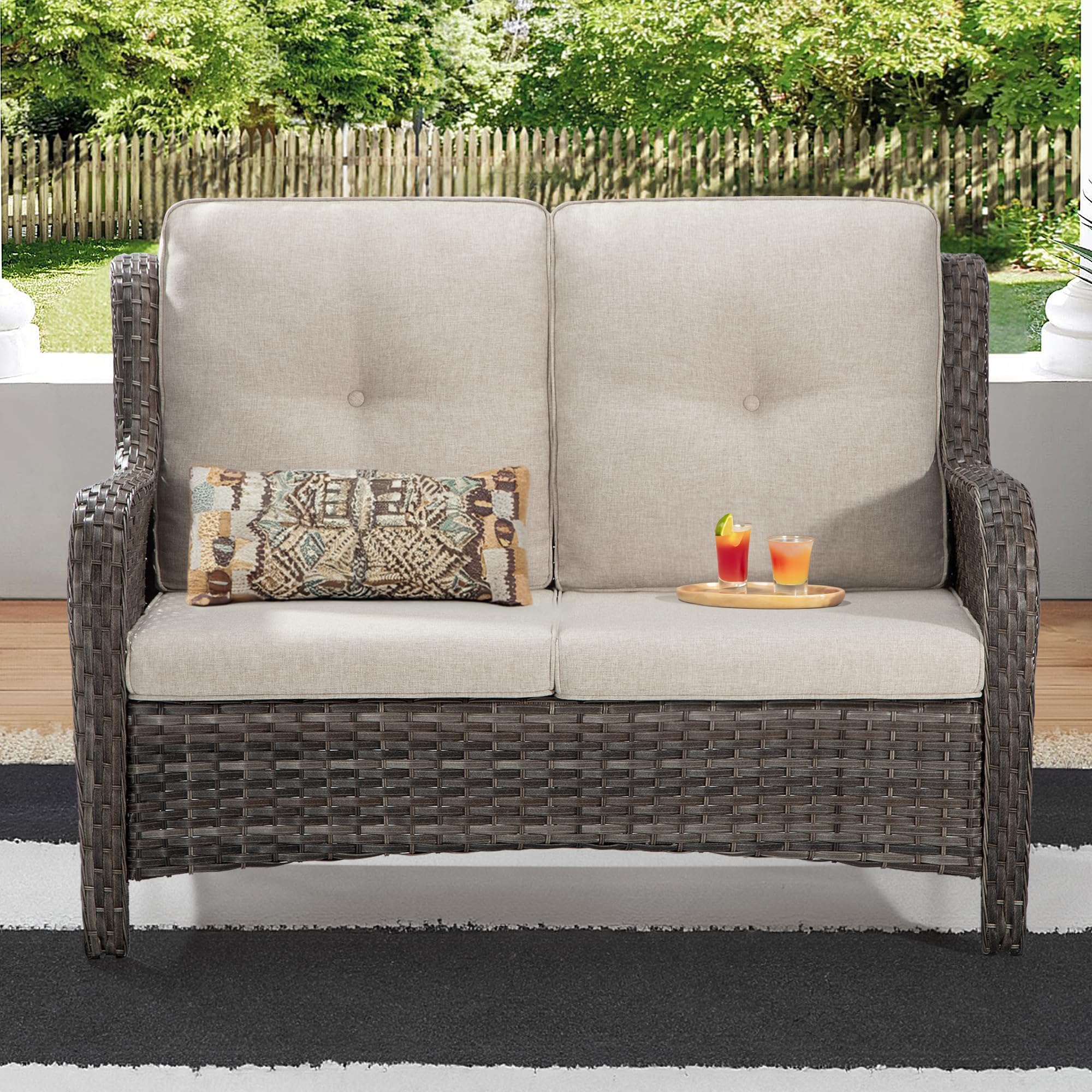 Gardenbee Patio Loveseat Sofa Outdoor Wicker Couch, 2-Seater Furniture with High Back and Olefin Cushions, Beige