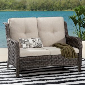 gardenbee patio loveseat sofa outdoor wicker couch, 2-seater furniture with high back and olefin cushions, beige