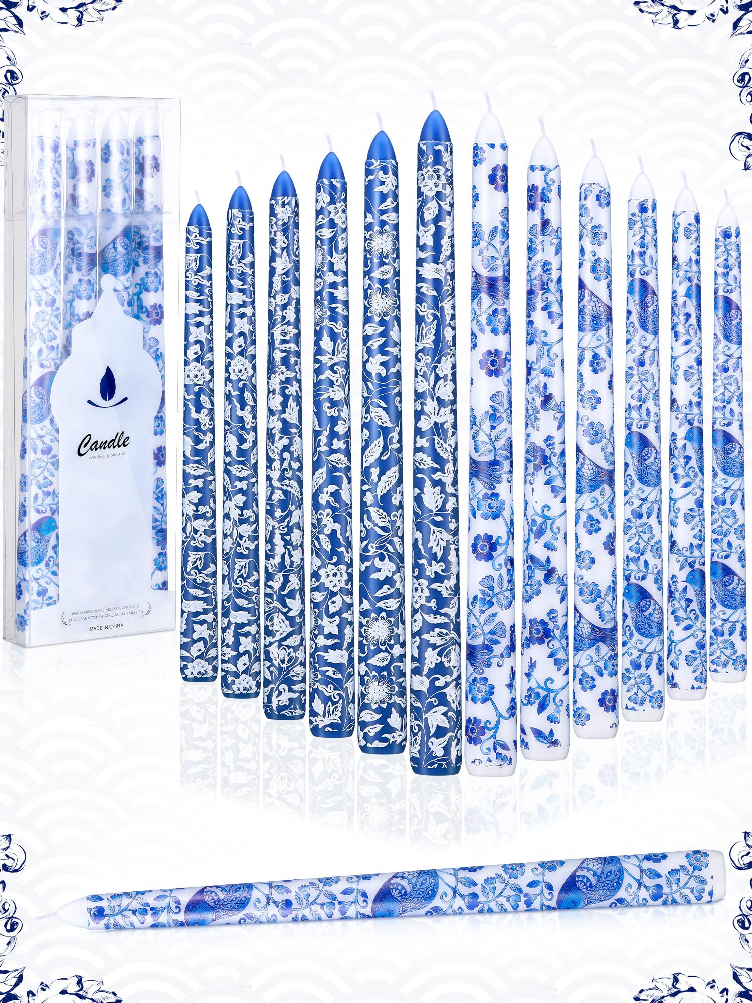 Conelist 12 Pack Chinoiserie Taper Candles Blue and White Taper Candle Blue Willow Decorative Taper Candles Bulk for Coworkers Home Decoration Wedding Women(10 Inch)