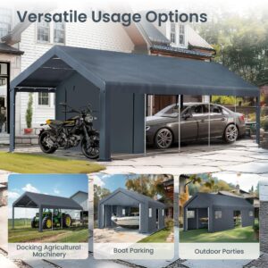 PHI VILLA 13'x24'x9.6' Outdoor Portable Storage Shelter Shed Garage with Roll up Zipper Doors & Vents Carport for Motorcycle Waterproof and UV Resistant Anti-Snow Portable Garage Kit Tent, Gray