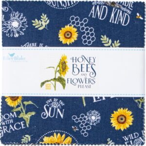 Honey Bees & Flowers Please Riley Blake 5-inch Stacker, 42 Precut Fabric Quilt Squares by Tara Reed