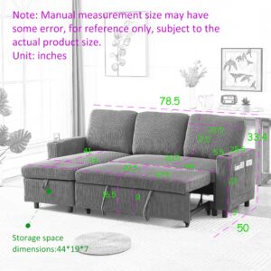 FANYE L-Shaped 3-Seaters Reversible Sleeper Sectional Convertible Sofabed Comfortable Corduroy Upholstered Corner Sofa with Pull Out Sleep Couch Bed and Cupholders for Compact Space Living Room