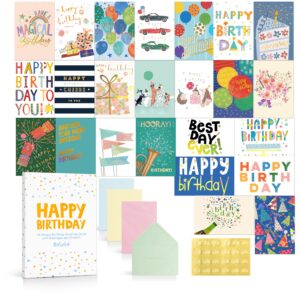 solpla 24 pack assorted birthday cards with gold foil, messages, envelopes, and stickers | 4x6 inch happy birthday cards bulk for family, kids, friends, work, and office celebrations.