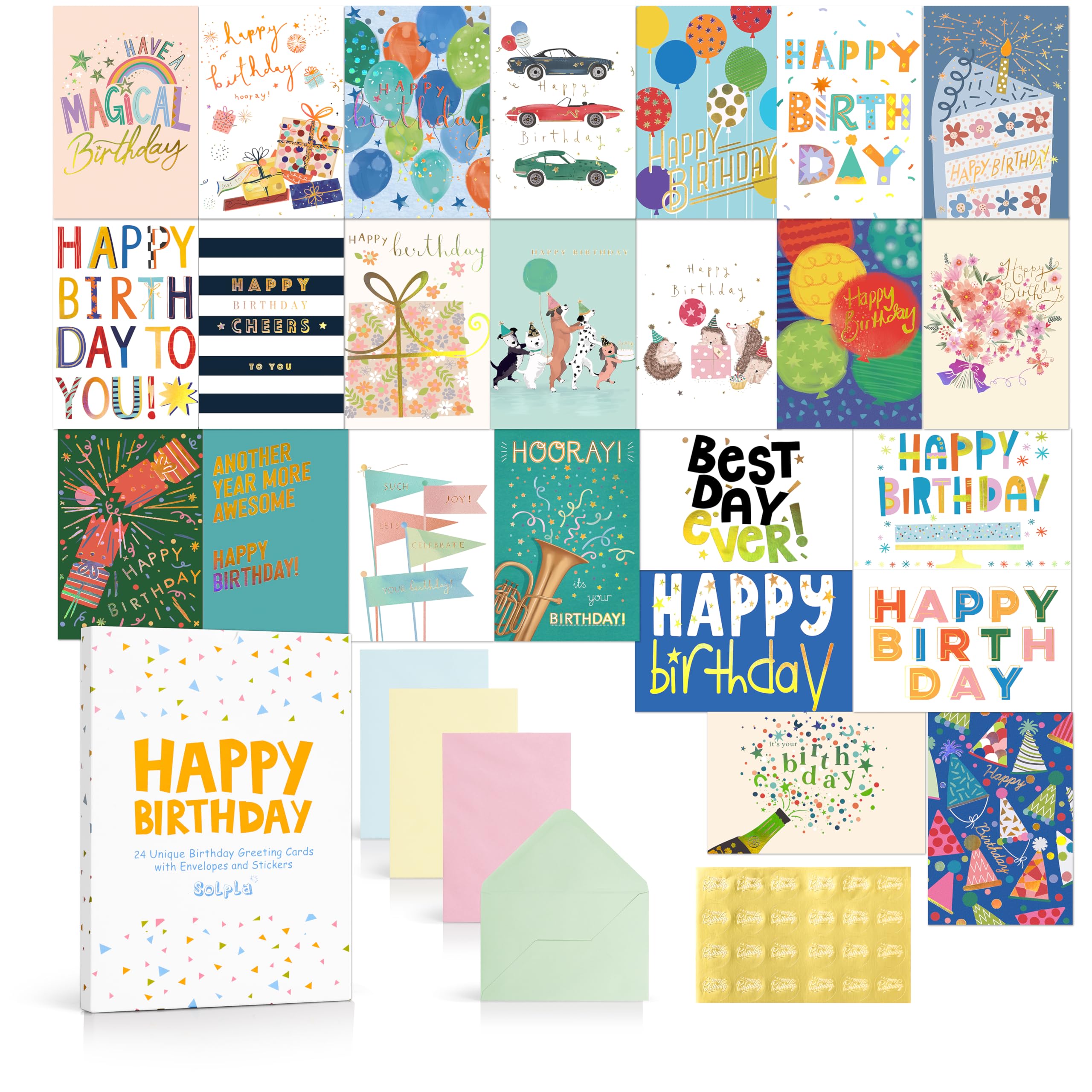 Solpla 24 Pack Assorted Birthday Cards with Gold Foil, Messages, Envelopes, and Stickers | 4x6 Inch Happy Birthday Cards Bulk for Family, Kids, Friends, Work, and Office Celebrations.