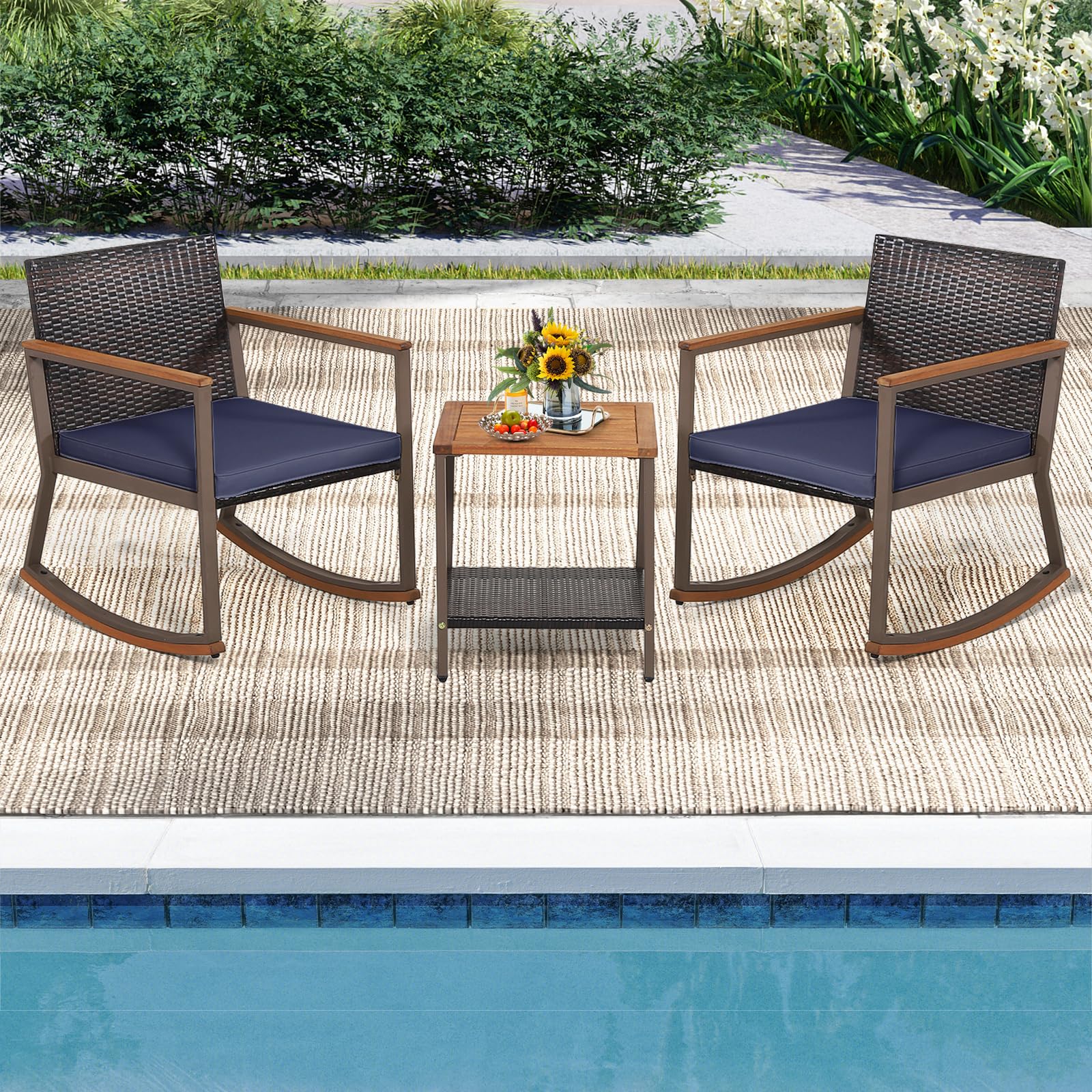 Toolsempire Outdoor Rocking Chair Set, 3 Pieces Patio Set Rocking Chair with Coffee Table & Cushions, Patio Wicker Furniture Set Outdoor Bistro Set for Balcony, Porch & Backyard (Navy Blue)