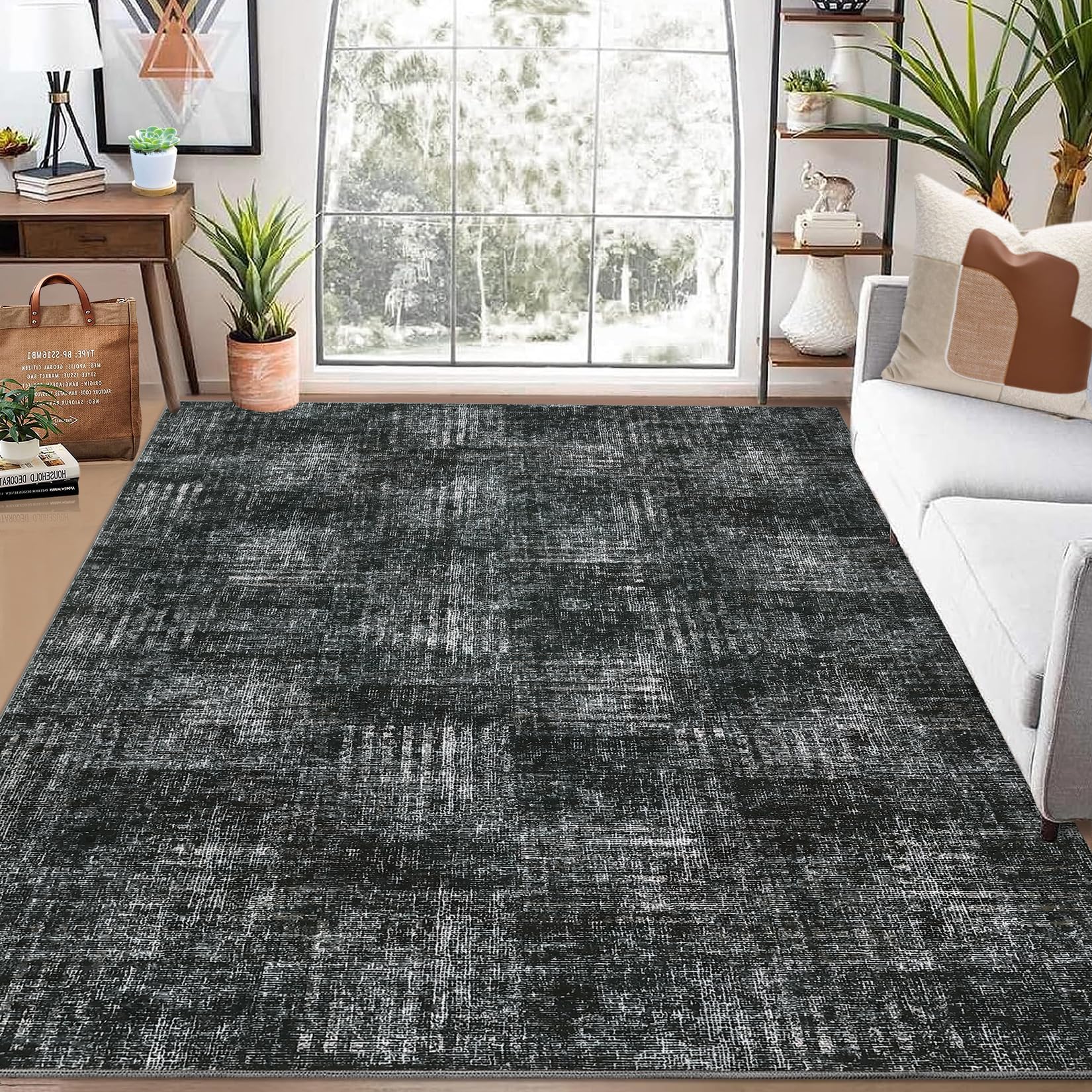 ROYHOME 8x10 Area Rug Machine Washable Rug for Living Room Plaid Checkered Indoor Accent Rug Stain Resistant Non-Slip Modern Abstract Aesthetic Floor Cover Carpet for Home Decor, Dark Grey