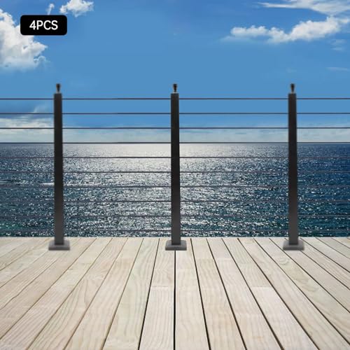 BICKKOMG Cable Railing Post, 4 Piece Adjustable Top Horizontal Line Post Handrail Post Drilled Horizontal Cable Railing Post Adjustable Top Horizontal Post for Decks, Stairs, Porches, Balconies