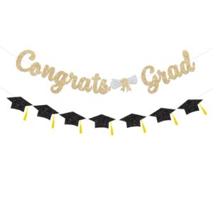 glitter gold congrats grad decorations banner graduation decorations class of 2024 banner black glitter congrats grad graduation with tassel party decor college high school graduation party favors