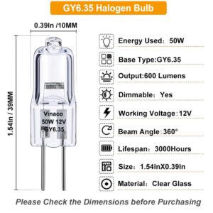 Vinaco GY6.35 Halogen Bulb 12V 50W, 10 Pack GY6.35 Bulb with GY6.35 Bi-pin Base, Dimmable GY6.35 Halogen Light Bulbs 12 Volt 50 Watt 2800K Warm White, T4 GY6.35 12V 50W for Pendant Light, Table Lamp