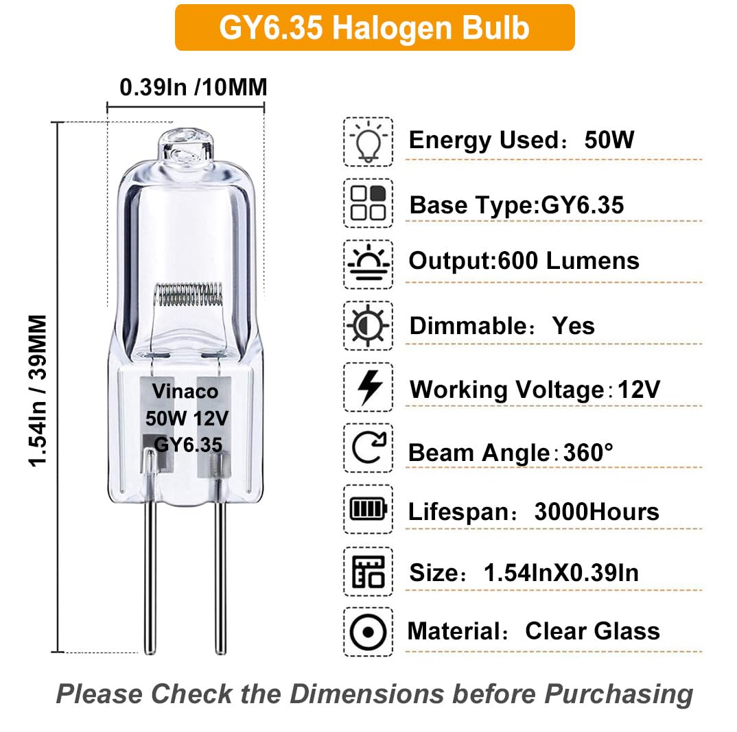 Vinaco GY6.35 Halogen Bulb 12V 50W, 10 Pack GY6.35 Bulb with GY6.35 Bi-pin Base, Dimmable GY6.35 Halogen Light Bulbs 12 Volt 50 Watt 2800K Warm White, T4 GY6.35 12V 50W for Pendant Light, Table Lamp