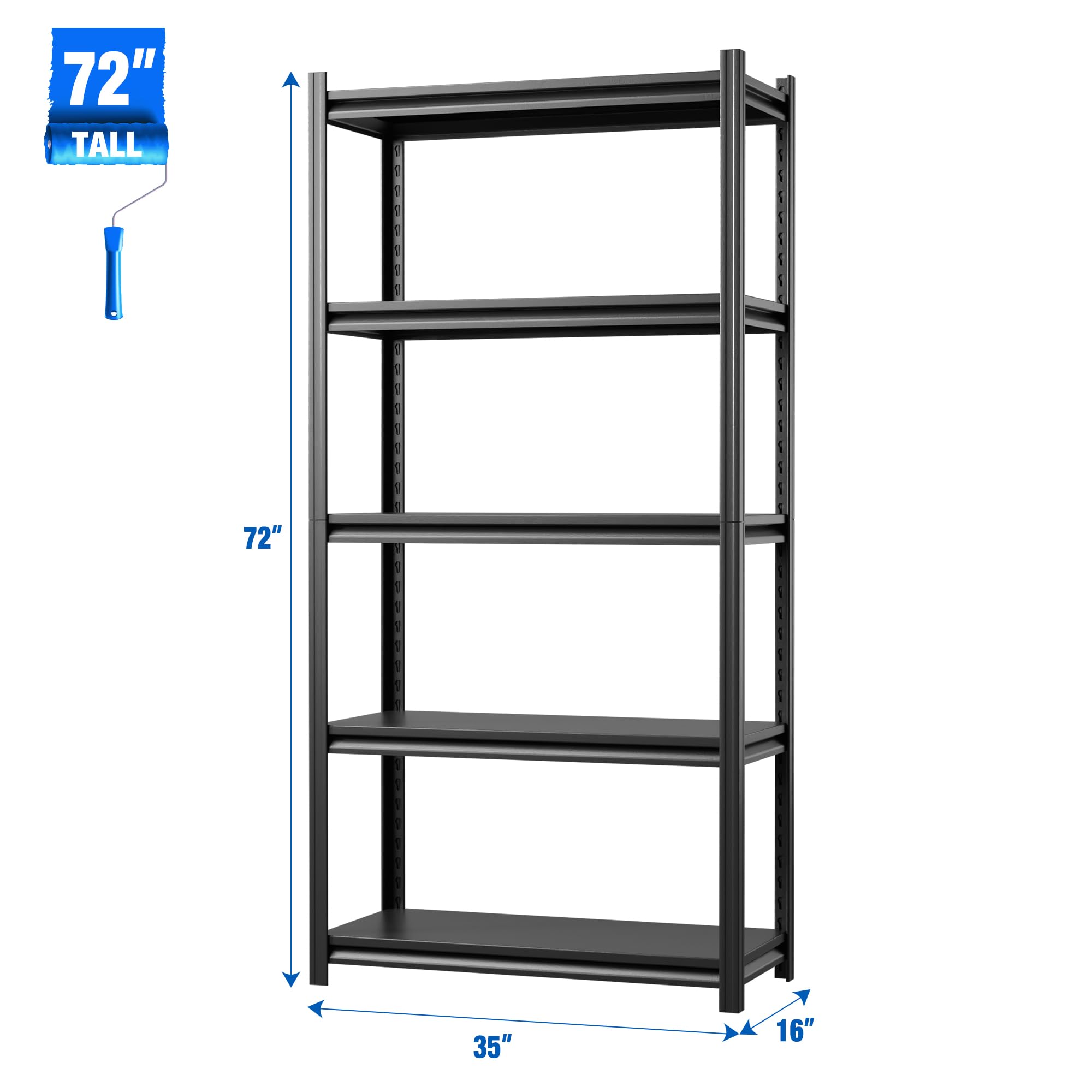 METALYEYE Garage Shelving, 5 Tier Adjustable Metal Shelving, 72"×35"×16", 2500LBS Heavy Duty Storage Shelving for Garage Warehouse, Basement, Industrial Utility Yard, Black (5-Tier)