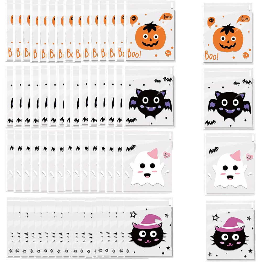 CMJSGG 400 Pcs Halloween Clear Treat Bags Self Adhesive Cookie Bags Trick or Treat Candy Bags Cellophane Bags for Halloween Cookie, Gift, Candy, Snacks Packaging (4 Cute Cartoon Patterns)