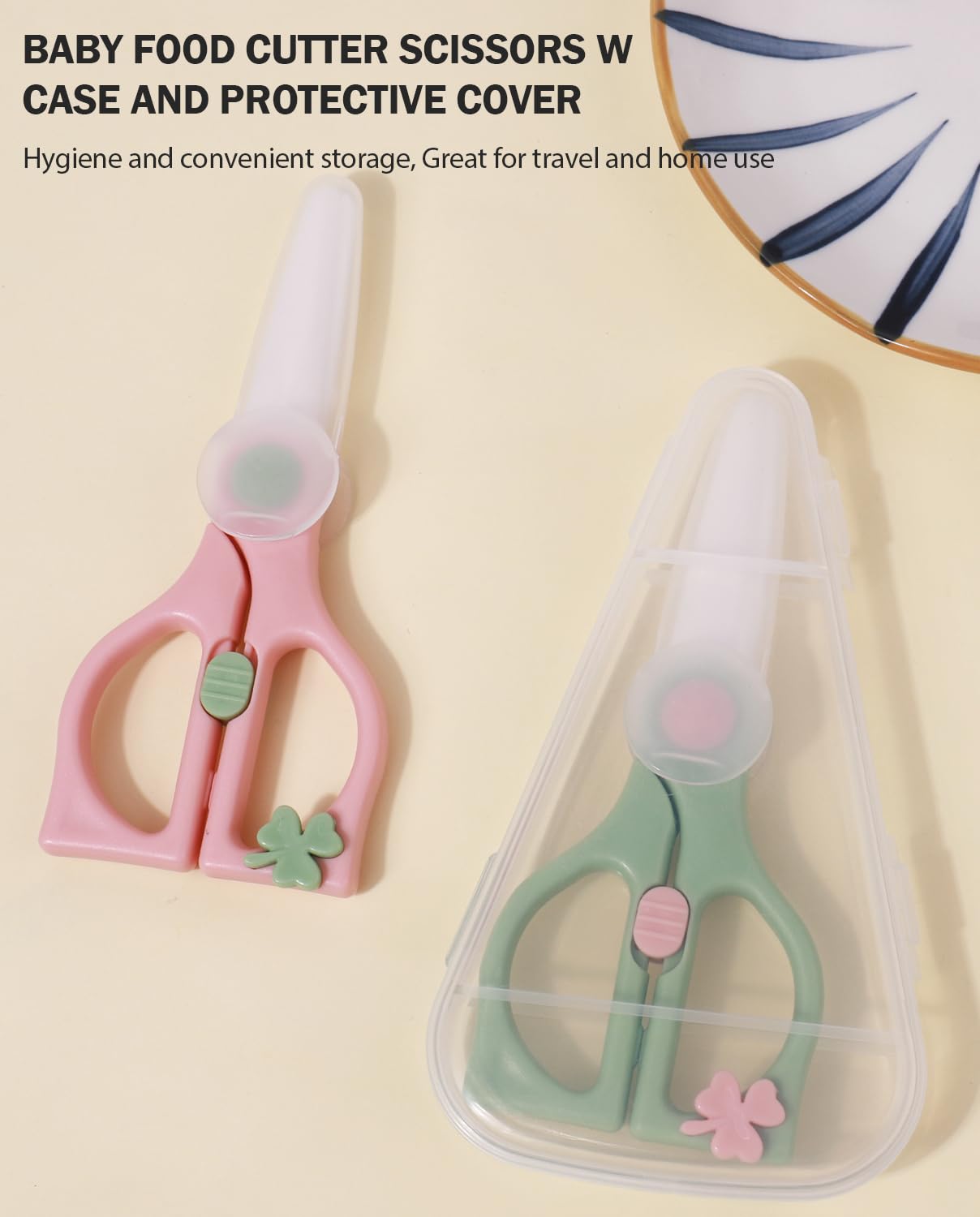 Baby Food Scissors Kicthen Shears -2Pack Portable Healthy Cute Kids Ceramic Scissors with Safety Lock and Storage Travel Case - Ideal for Cutting Meat, Chicken, Vegetables, and Fruits (Pink+Green)