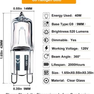 G9 Bulb, 10PCS G9 Halogen Bulb 40 Watt 120V, G9 Dimmable Long Lasting Lifespan with High Brightness 520LM, CRI100 & 2800K Warm White, T4 JD Type Halogen Light Bulbs G9 Base Bi Pin, for Cabinet Lights