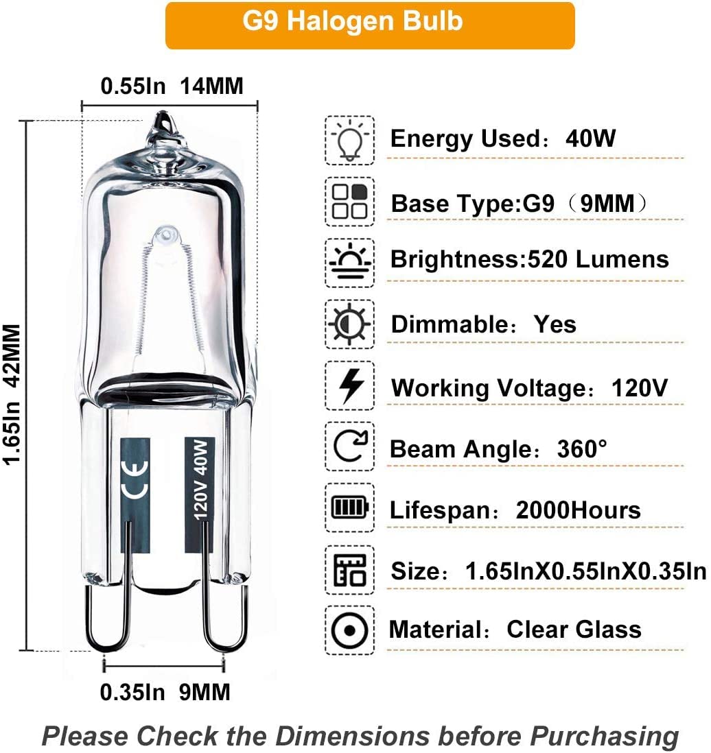 G9 Bulb, 10PCS G9 Halogen Bulb 40 Watt 120V, G9 Dimmable Long Lasting Lifespan with High Brightness 520LM, CRI100 & 2800K Warm White, T4 JD Type Halogen Light Bulbs G9 Base Bi Pin, for Cabinet Lights