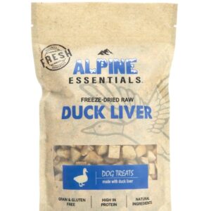 Alpine Essentials Freeze Dried Duck Liver Dog Treats Single Ingredient 7.05oz, Grain Free & Gluten Free Resealable High Protein Dog Snacks Meal Mixer Training Treats Quality