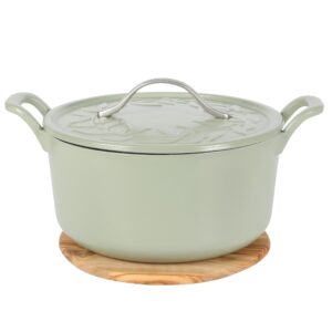 bloomhouse 7 qt cast iron dutch oven w/embossed lid, european enamel, & olive wood trivet - matte sage