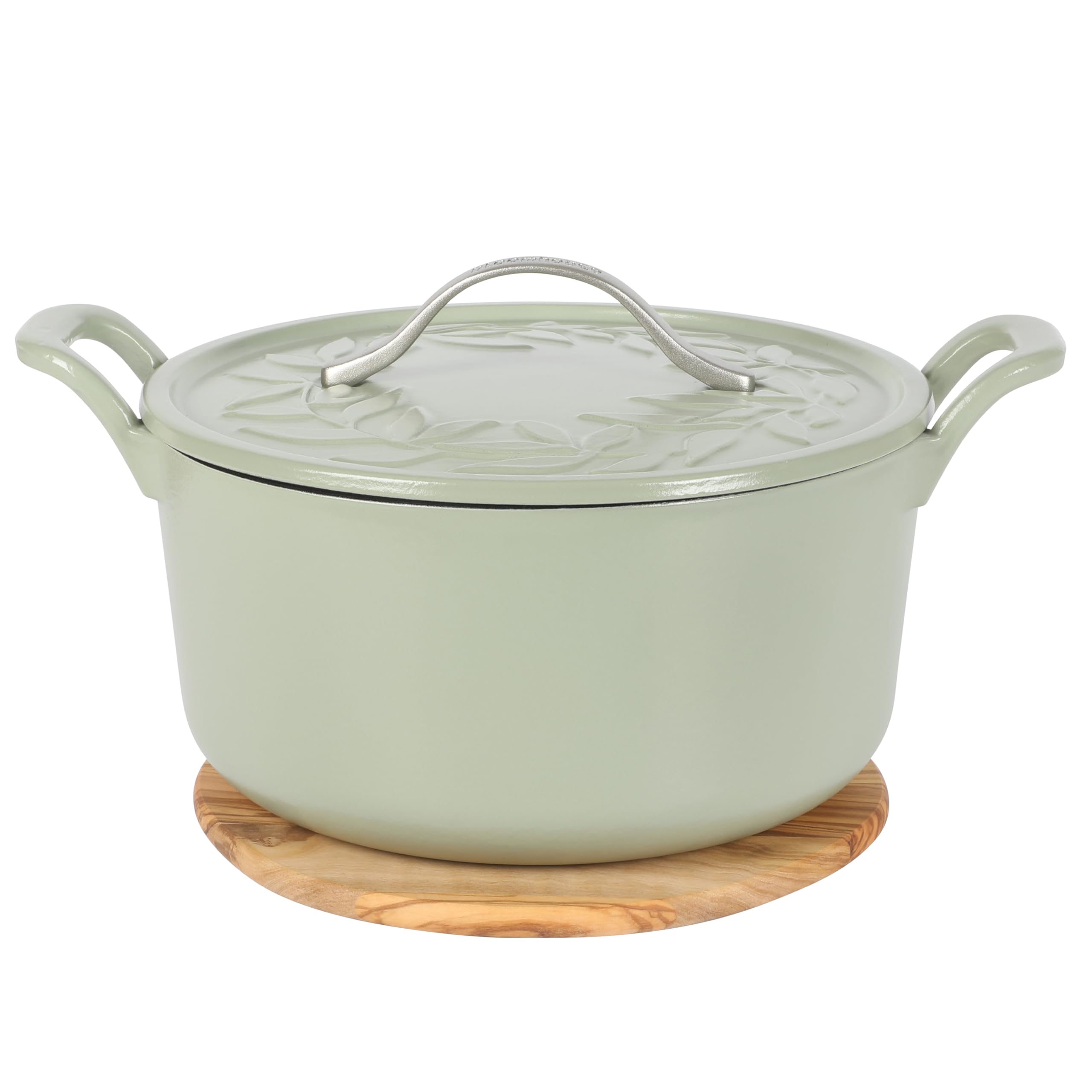 Bloomhouse 7 Qt Cast Iron Dutch Oven W/Embossed Lid, European Enamel, & Olive Wood Trivet - Matte Sage