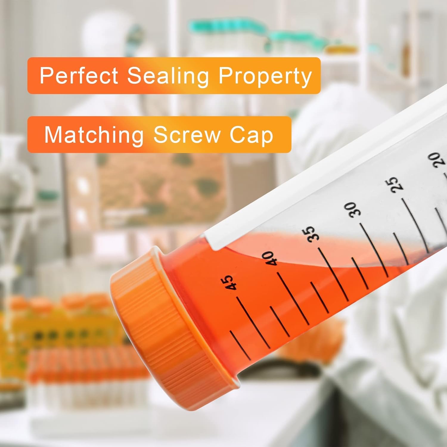 zoomto 50mL Centrifuge Tubes,50PCS Round Tubes Sterile,Leak-Proof Screw Caps(Orange), Plastic Container with Graduated and Write Marks, Non-pyrogenic, DNase/RNase Free, Human DNA-Free (Bag Pack)