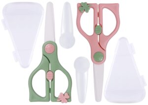 baby food scissors kicthen shears -2pack portable healthy cute kids ceramic scissors with safety lock and storage travel case - ideal for cutting meat, chicken, vegetables, and fruits (pink+green)