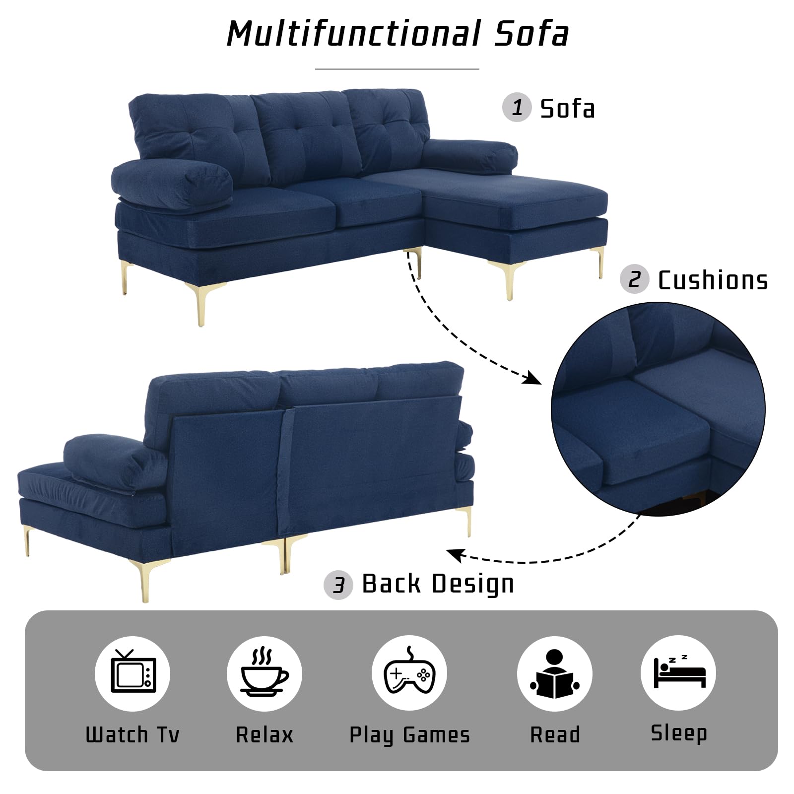 RXRRXY 80.7'' Sectional Sleeper Sofa L Shaped Couch, Small Upholstered 3 Seat Sleeper Couch with Chaise, Chenille Fabric Minimalist Sofa with Sturdy Legs for Living Room, Bedroom, Apartment (Navy)