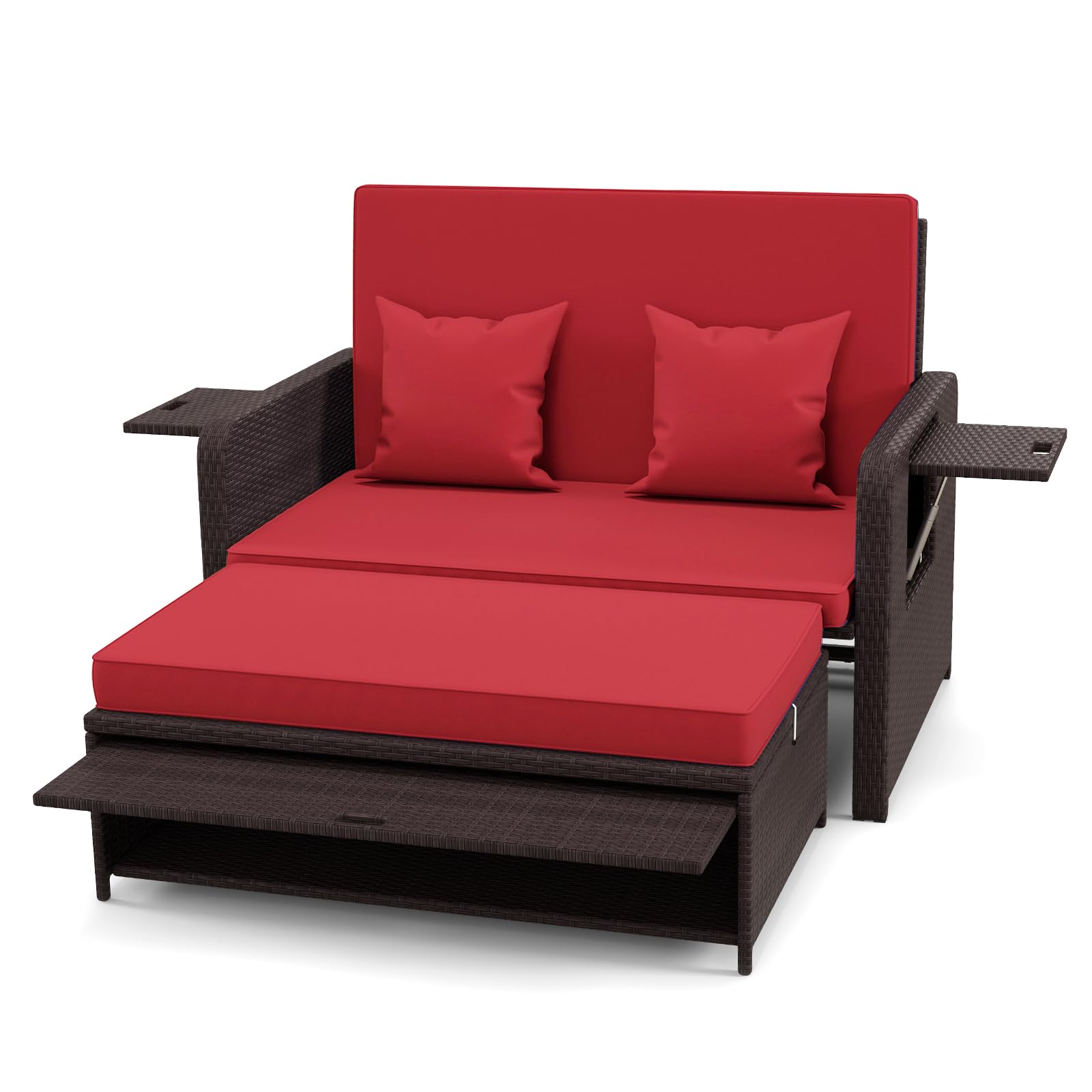 LDAILY Moccha Outdoor Daybed, Wicker Loveseat Sofa Set with 4-Postion Adjustable Backrest, Storage Ottoman, Cushions, Rattan Double Bed Lounger, Patio Furniture Set (Red)