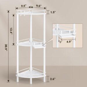 ELYKEN Corner Shower Caddy Standing, 3 Tier Rustproof Metal Shower Organizer with Soap Holder, Floor Shower Corner Shelf Rack Storage Stands with Adjustable Feet & 2 Hooks for Bathroom, White