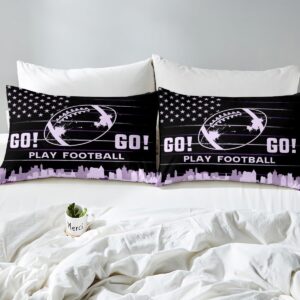 Feelyou Football Bedding Set Full Size American Flag Sports Duvet Cover Set for Kids Boys Girls Teens Toddler Black Purple Comforter Cover Set Rugby Ball Game Bedspread Cover 3Pcs Zipper