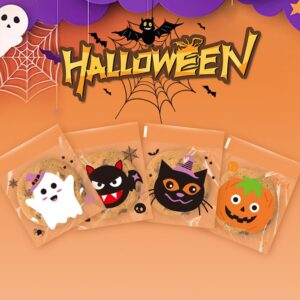 CMJSGG 400 Pcs Halloween Clear Treat Bags Self Adhesive Cookie Bags Trick or Treat Candy Bags Cellophane Bags for Halloween Cookie, Gift, Candy, Snacks Packaging (4 Cute Cartoon Patterns)