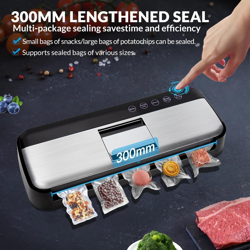 Powerful Vacuum Sealer Machine, One-Touch Automatic Food Sealer with 15 Bags, Dry/Moist/Seal/Manual/External Vac, 7MM Heating wire, Compact Easy-Clean for Food Storage and Sous Vide