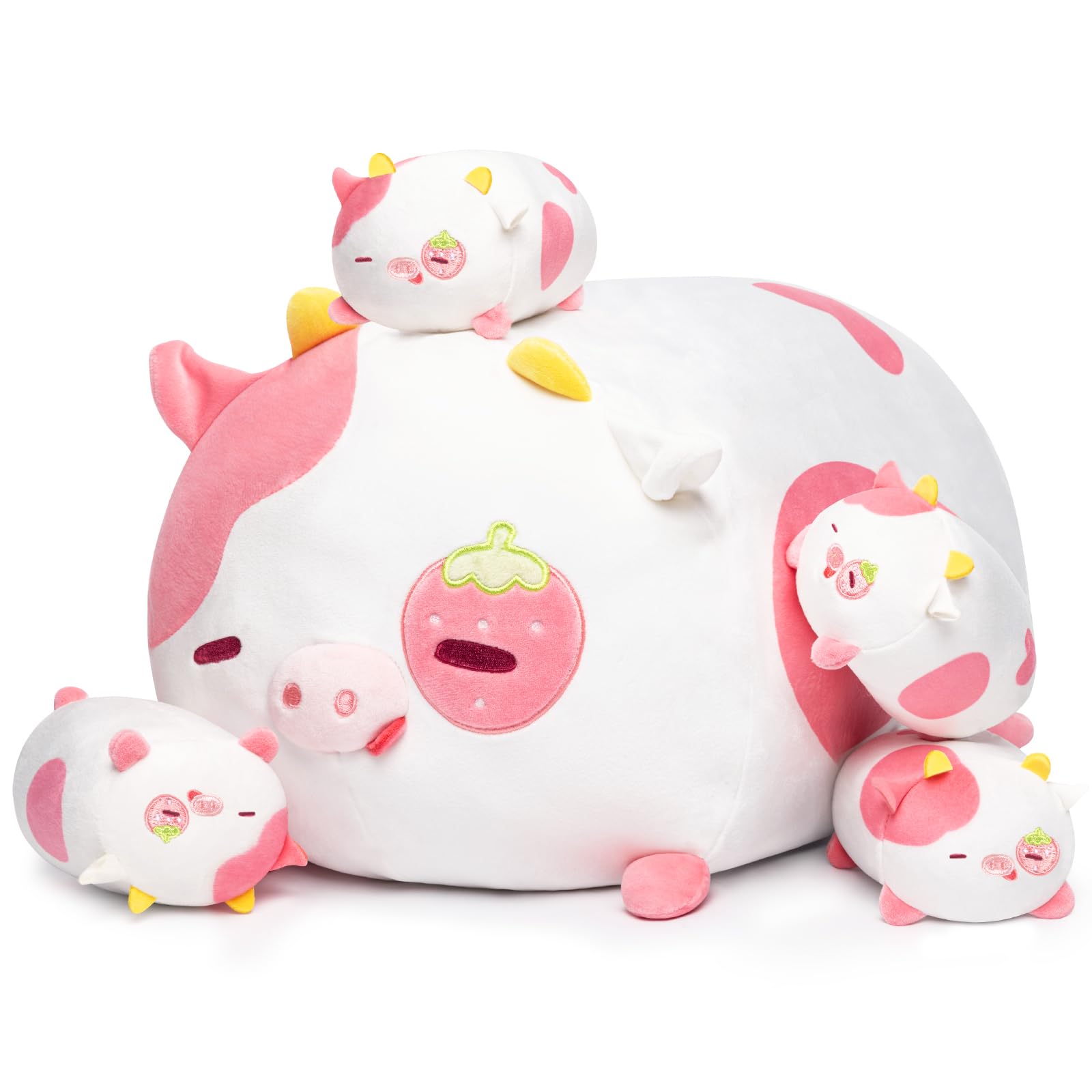 Mewaii Strawberry Cow Plushies Set, Mommy Cow Stuffed Animal with 4 Cute Small Squishy Babies, Soft Pink Cows Cuddle Pillow, Kawaii Plush Toy Gifts for Girls Boys Toddlers Kids