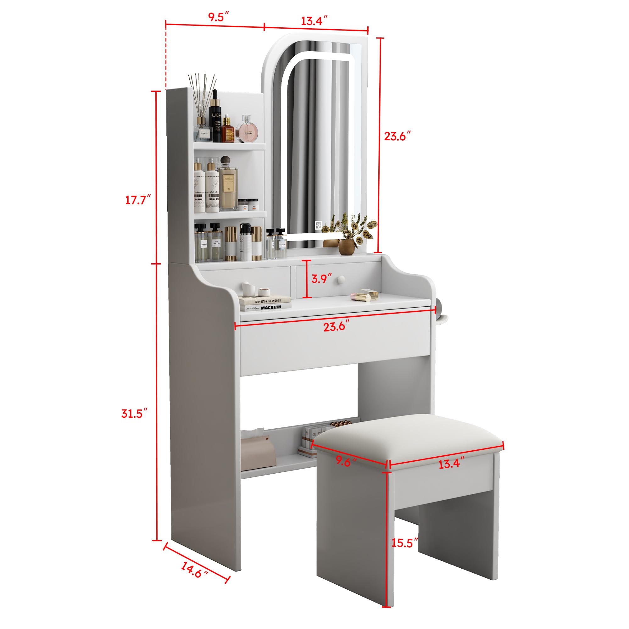 23.6" Small White Vanity Desk with Mirror and Lights, Vanity Set with Charging Station+Ottoman+Large Mirror with Streamlined Design+3 Sliding Drawers+3 Shelves+Adjustable Light, for Apartment Bedroom