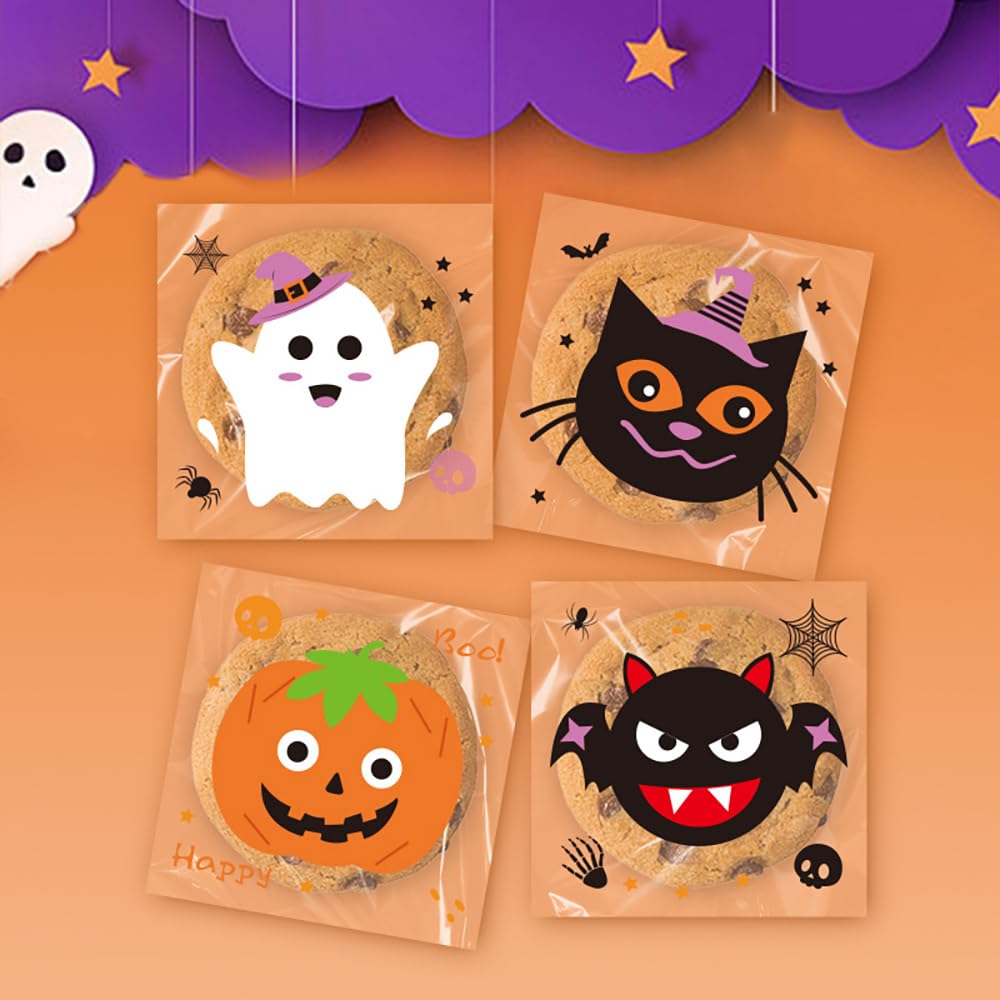 CMJSGG 400 Pcs Halloween Clear Treat Bags Self Adhesive Cookie Bags Trick or Treat Candy Bags Cellophane Bags for Halloween Cookie, Gift, Candy, Snacks Packaging (4 Cute Cartoon Patterns)