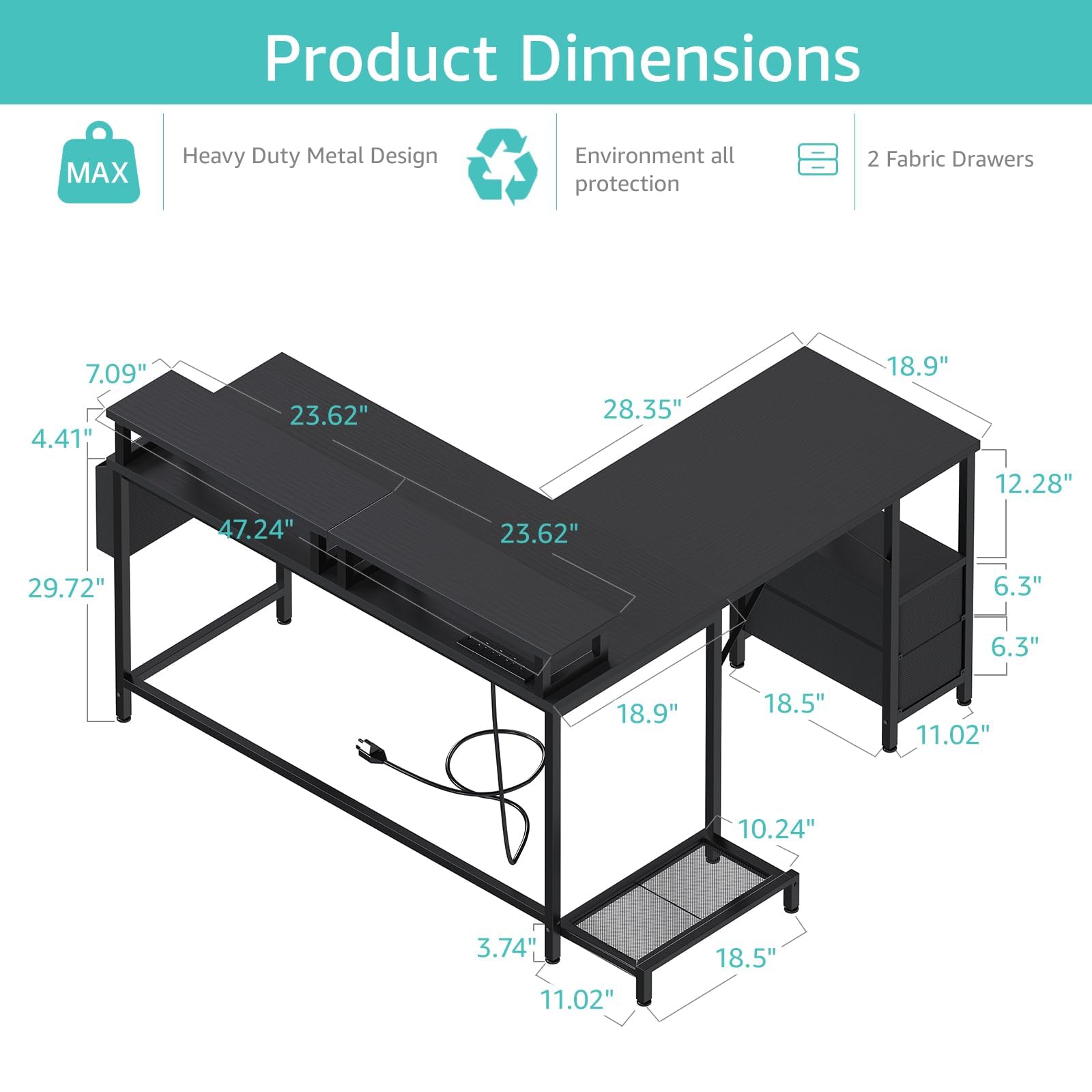 Lufeiya L Shaped Gaming Desk with Led Lights and Power Outlets, 47 Inch Corner Home Office Desk with Monitor Stand Shelves, Writing Study Computer Desks with Fabric Drawers for Bedroom, Black