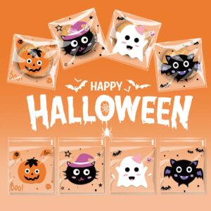 CMJSGG 400 Pcs Halloween Clear Treat Bags Self Adhesive Cookie Bags Trick or Treat Candy Bags Cellophane Bags for Halloween Cookie, Gift, Candy, Snacks Packaging (4 Cute Cartoon Patterns)