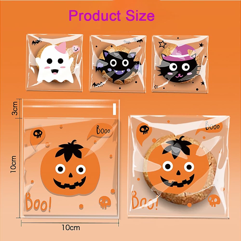 CMJSGG 400 Pcs Halloween Clear Treat Bags Self Adhesive Cookie Bags Trick or Treat Candy Bags Cellophane Bags for Halloween Cookie, Gift, Candy, Snacks Packaging (4 Cute Cartoon Patterns)