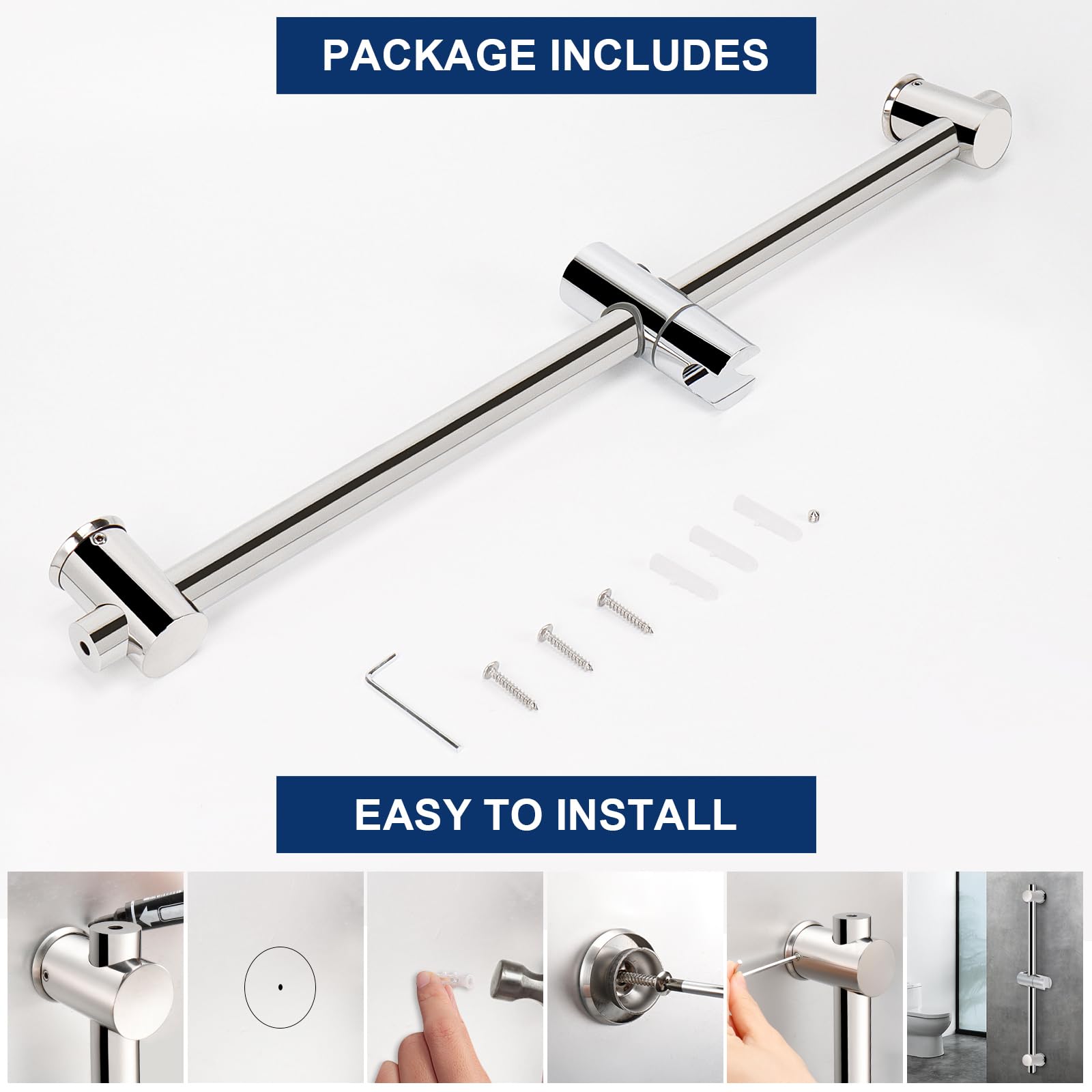 NearMoon Shower Slide Bar with Height/Angle Adjustable Handheld Shower head Holder, Bathroom SUS 304 Stainless Steel Shower Head Holder for Bath (Screw Mounted, Chrome Finish)