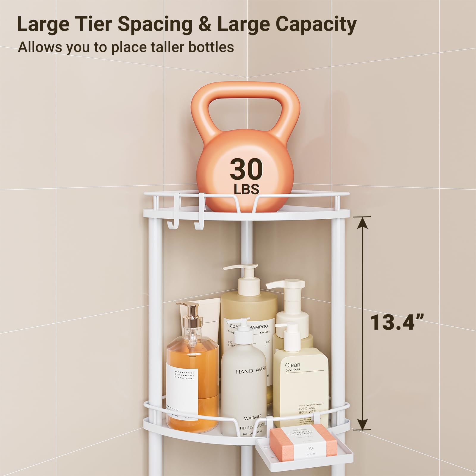 ELYKEN Corner Shower Caddy Standing, 3 Tier Rustproof Metal Shower Organizer with Soap Holder, Floor Shower Corner Shelf Rack Storage Stands with Adjustable Feet & 2 Hooks for Bathroom, White