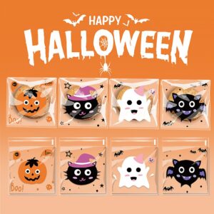 CMJSGG 400 Pcs Halloween Clear Treat Bags Self Adhesive Cookie Bags Trick or Treat Candy Bags Cellophane Bags for Halloween Cookie, Gift, Candy, Snacks Packaging (4 Cute Cartoon Patterns)