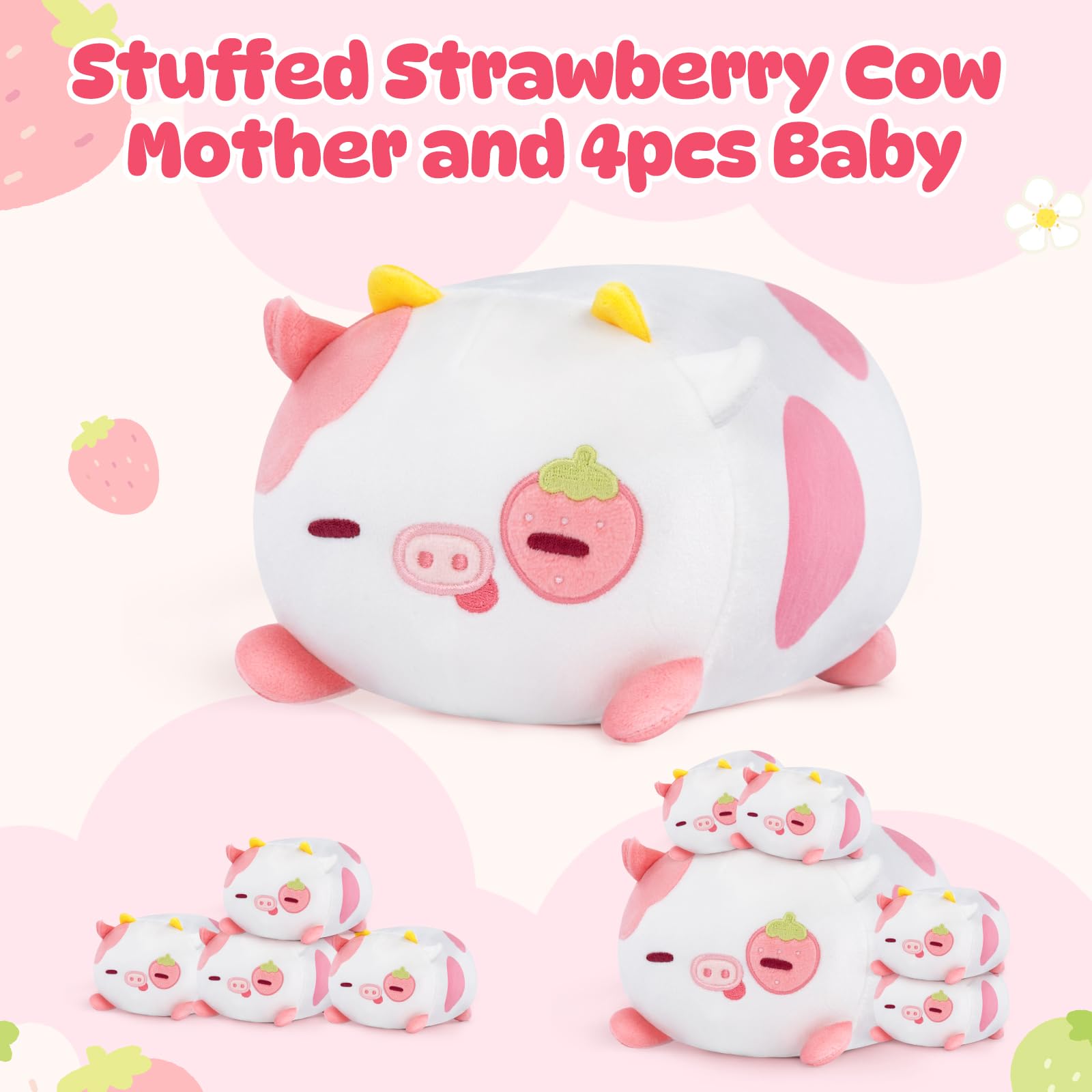 Mewaii Strawberry Cow Plushies Set, Mommy Cow Stuffed Animal with 4 Cute Small Squishy Babies, Soft Pink Cows Cuddle Pillow, Kawaii Plush Toy Gifts for Girls Boys Toddlers Kids