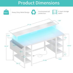 Lufeiya White Desk with Storage Shelves - 47 inch Home Office Gaming Desk with Monitor Stand, Computer Desk with LED Lights and Power Outlets, White