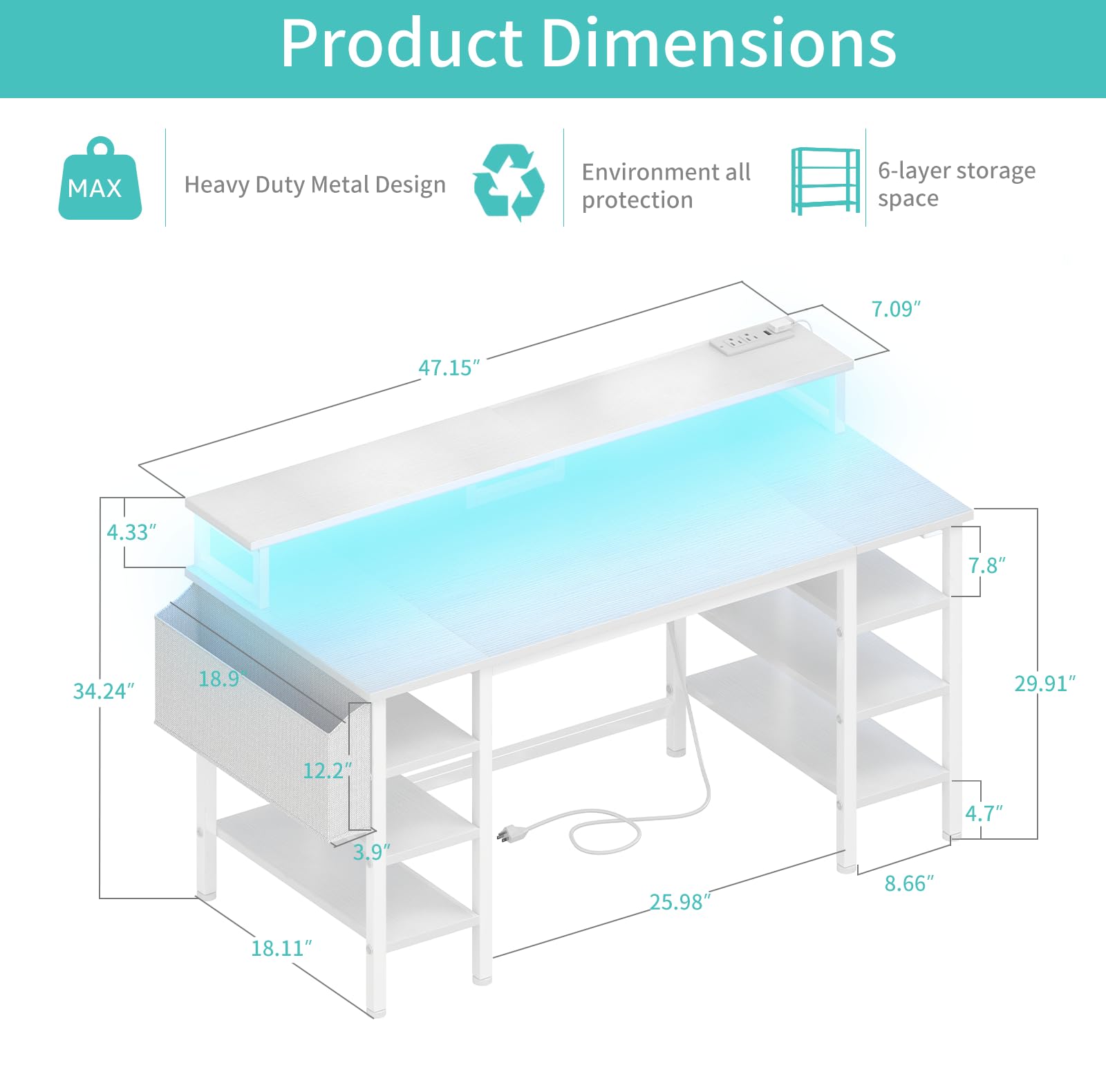 Lufeiya White Desk with Storage Shelves - 47 inch Home Office Gaming Desk with Monitor Stand, Computer Desk with LED Lights and Power Outlets, White