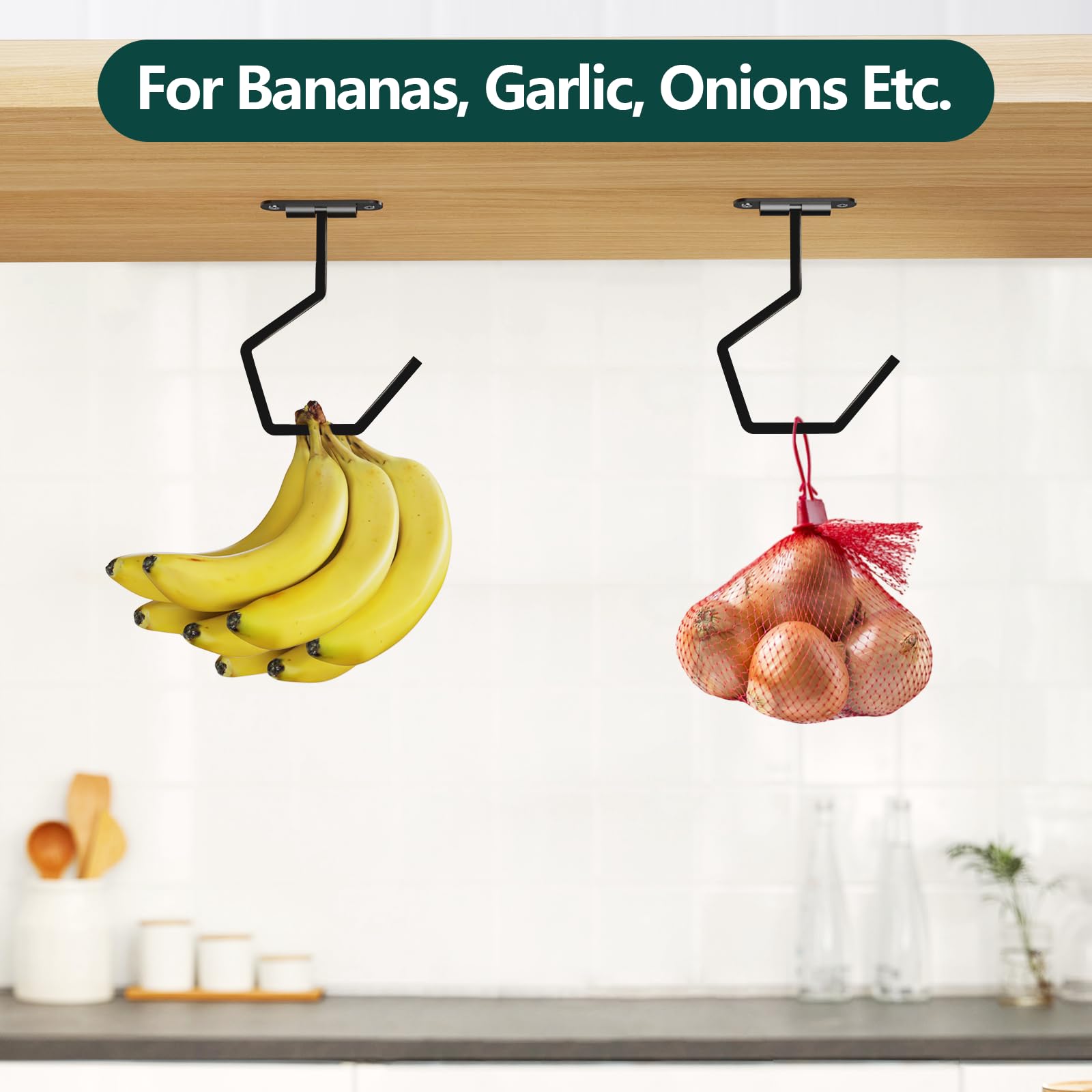 Luckinow 2 Pack Flodable Banana Hook Under Cabinet, Hidden Banana Hanger Hook [Keep Banana Fresh], Black