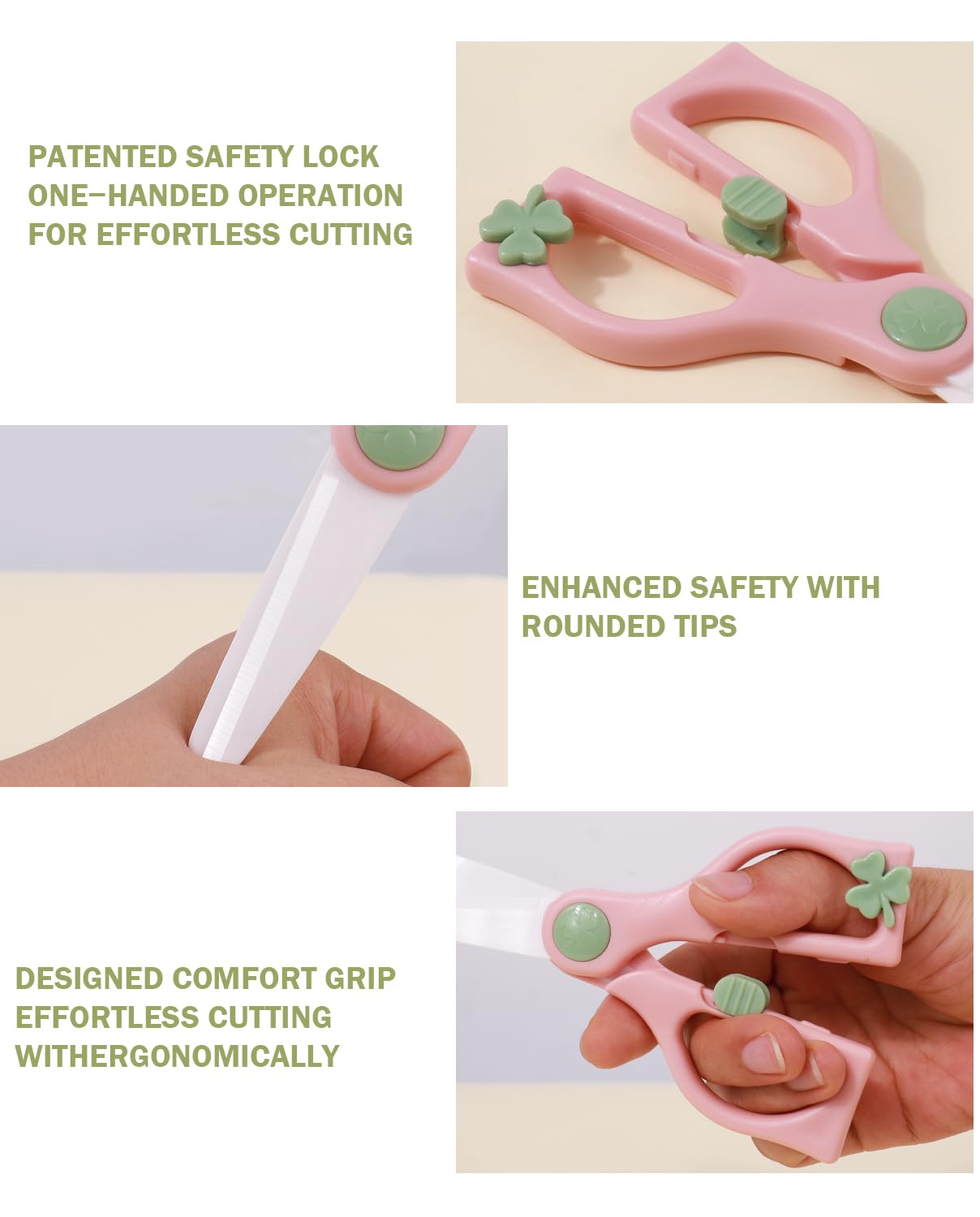 Baby Food Scissors Kicthen Shears -2Pack Portable Healthy Cute Kids Ceramic Scissors with Safety Lock and Storage Travel Case - Ideal for Cutting Meat, Chicken, Vegetables, and Fruits (Pink+Green)